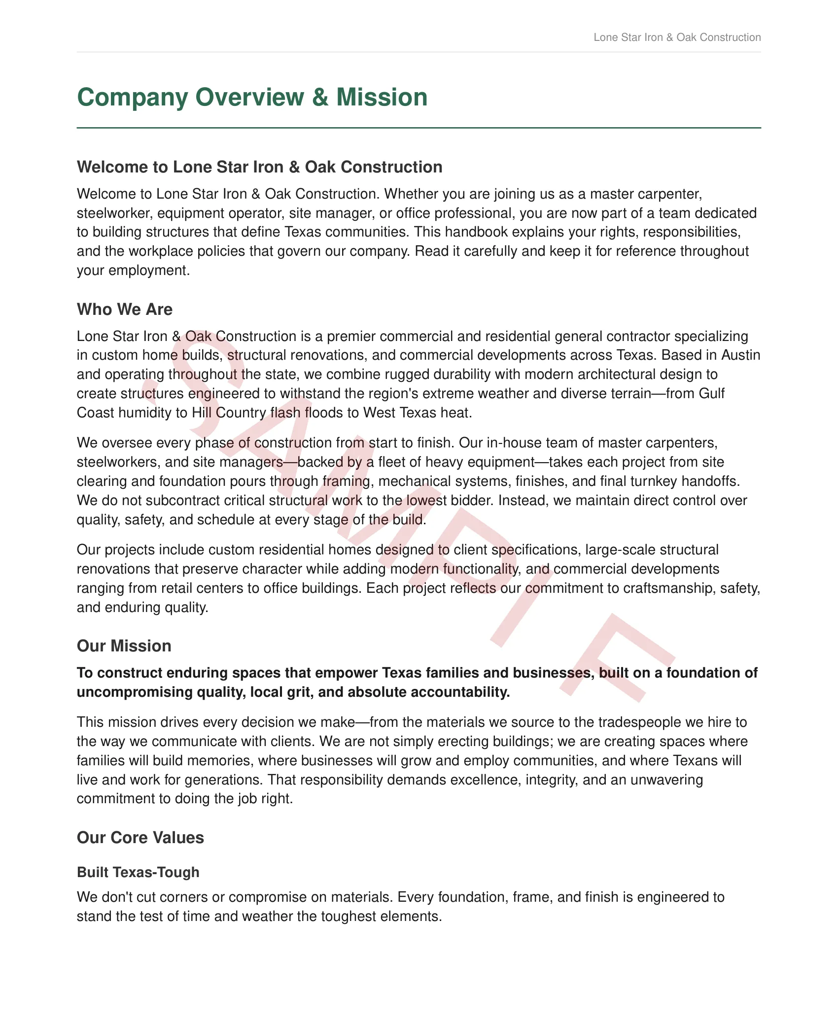 Company Overview & Mission — values and culture tailored to a Texas construction firm