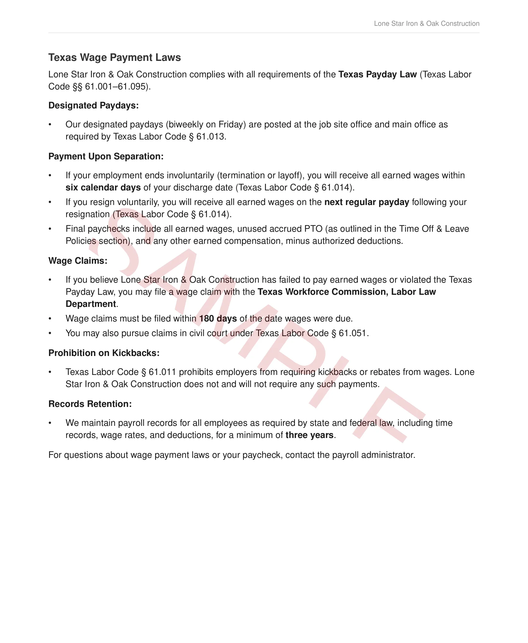 Texas Wage Payment Laws — state-specific legal requirements auto-included