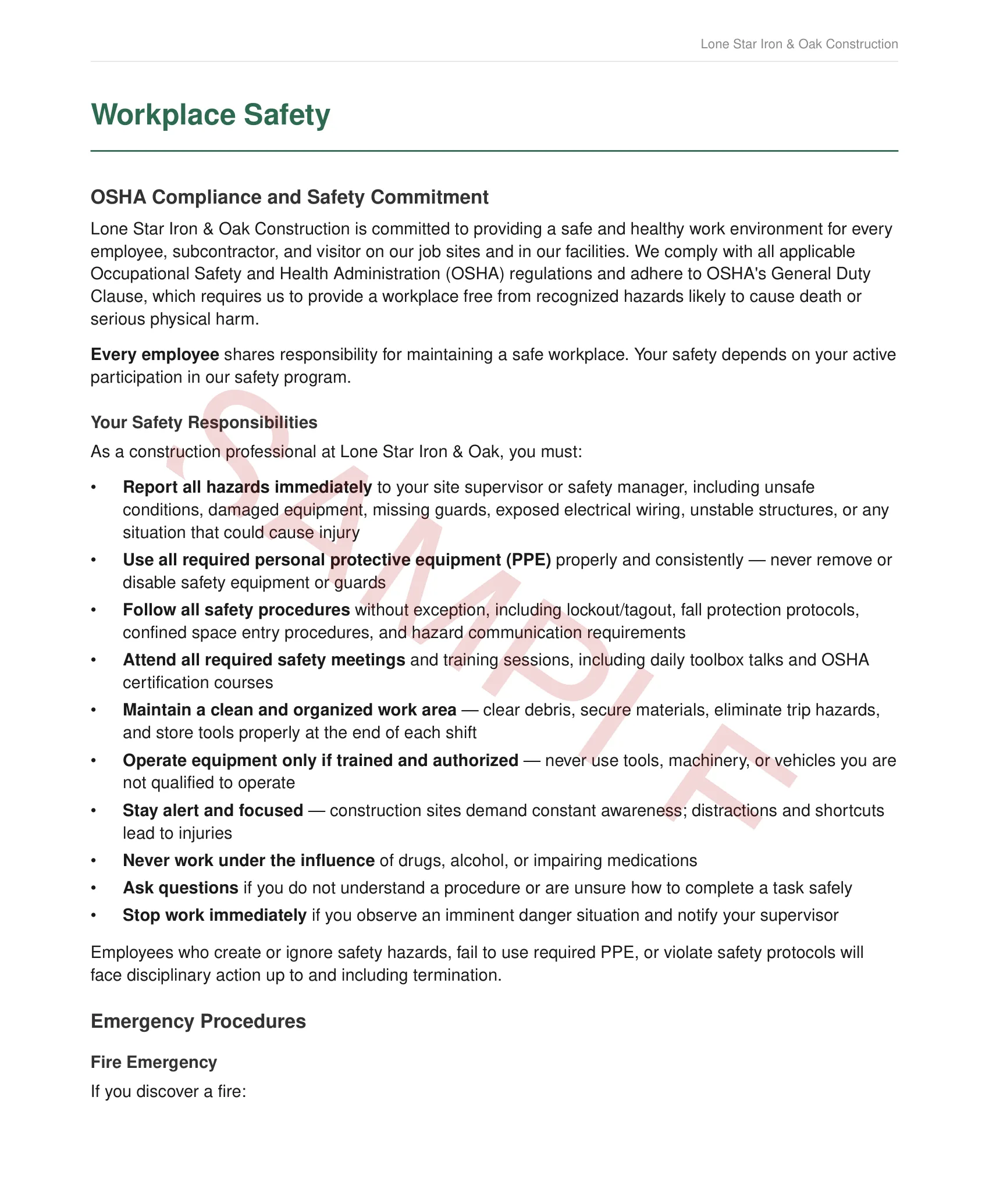 Workplace Safety — OSHA compliance and jobsite safety protocols
