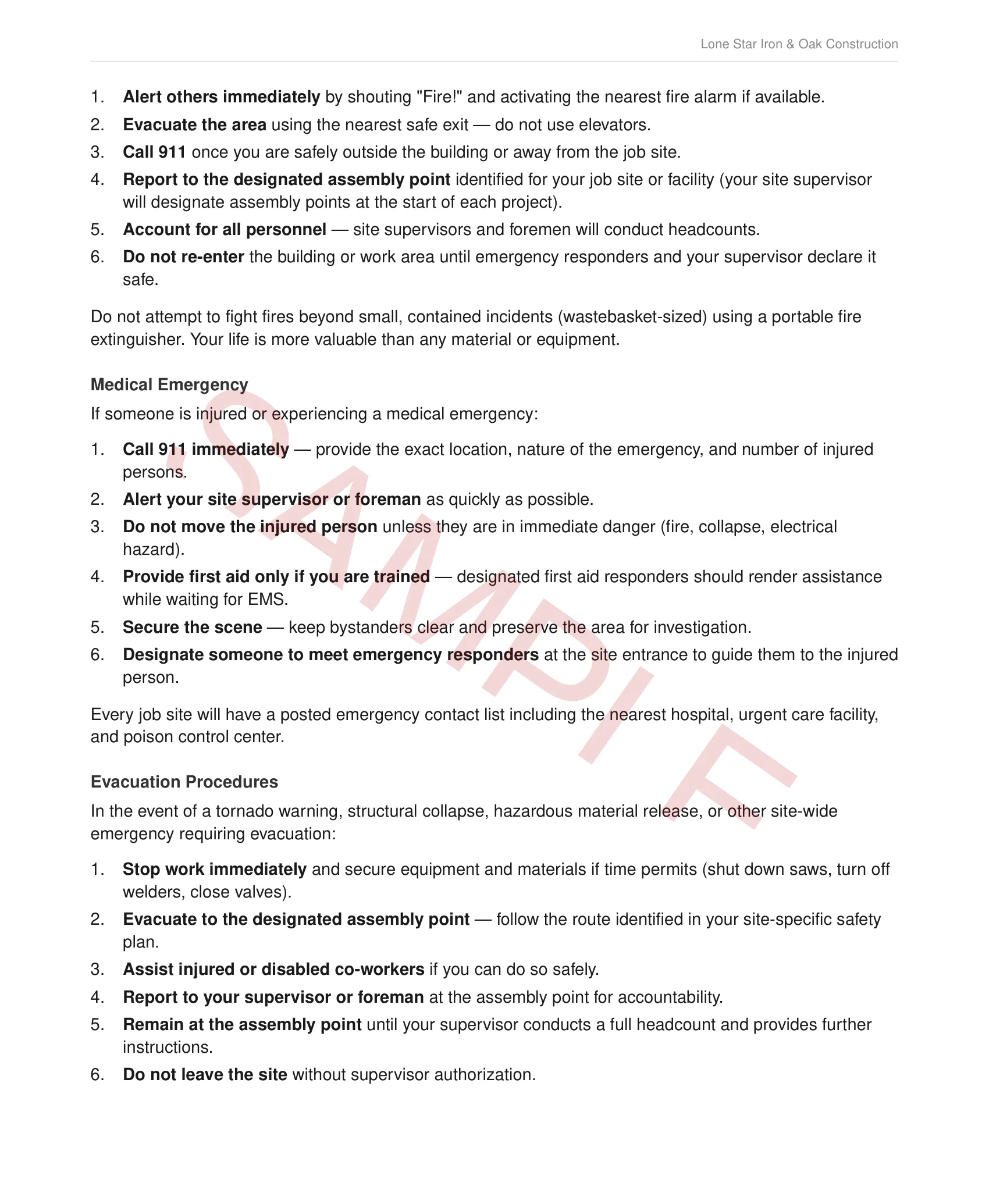 Emergency Procedures — fire, severe weather, and incident response for construction sites
