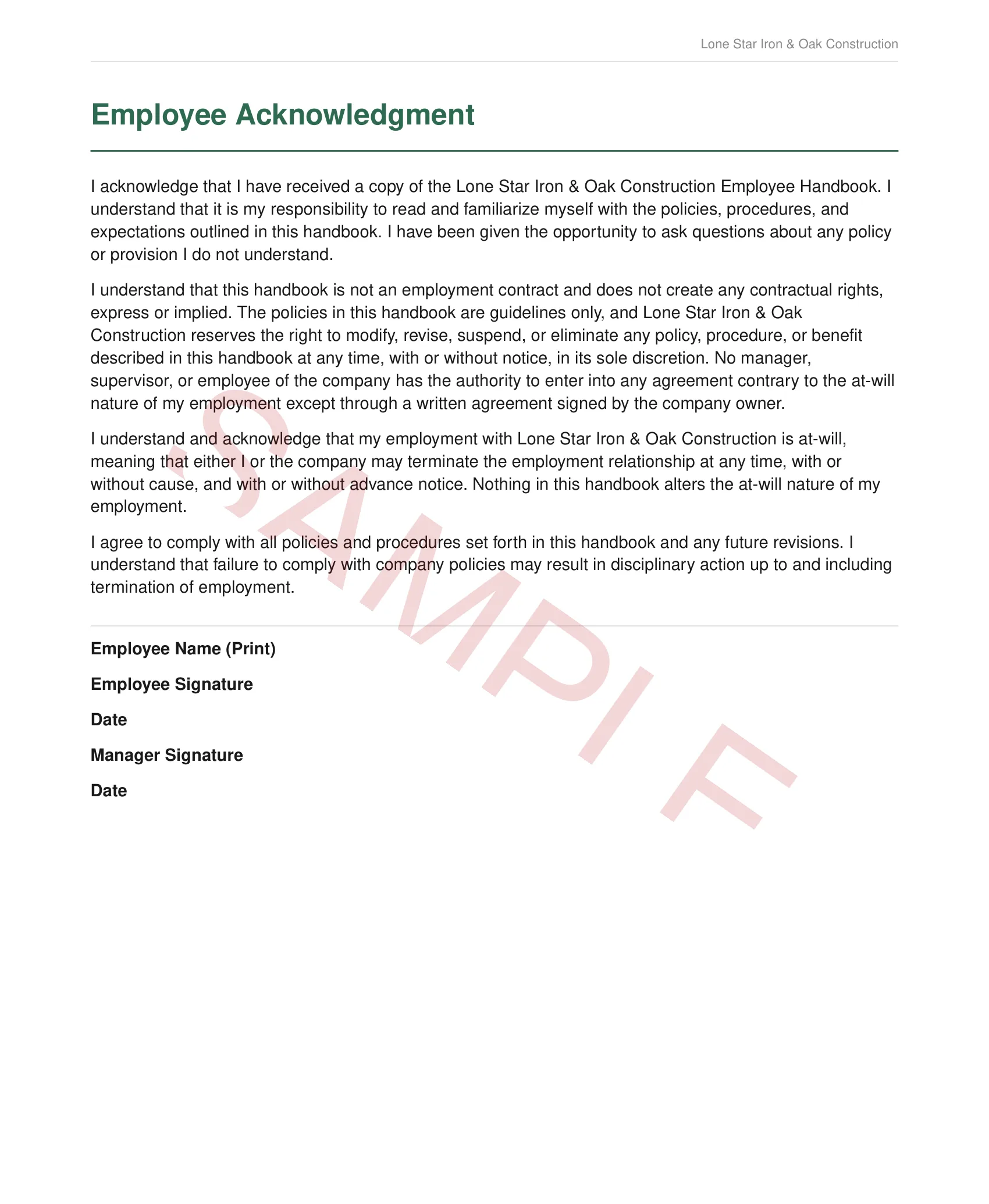 Employee Acknowledgment — signature page ready for onboarding